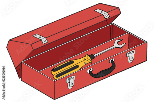  Red metal toolbox, vintage style, chrome latches, black handle, screwdriver, wrench, yellow and red tools, bright colors, isolated on white background, product photography, detailed, realistic, high 