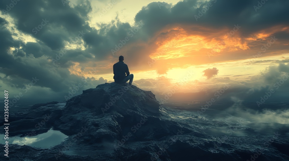 Silhouette of a man meditating on a rocky ledge at sunset. Silhouette of a man meditating on a rocky ledge at sunset.