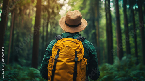 Wallpaper Mural Adventurous traveler exploring lush forest with yellow backpack Torontodigital.ca