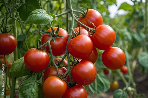 Fresh red ripe tomatoes hanging on the vine plant growing in organic garden