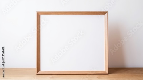 A blank wooden picture frame held against a simple wooden surface, evoking a sense of potential and creativity.
