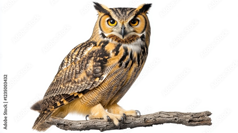 Naklejka premium Majestic Owl Perched on Branch with Striking Yellow Eyes