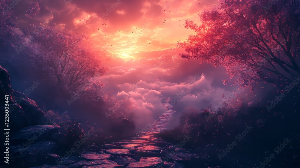 A mystical path through clouds at sunset, surrounded by vibrant trees and a dreamy atmosphere. A mystical path through clouds at sunset, surrounded by vibrant trees and a dreamy atmosphere.