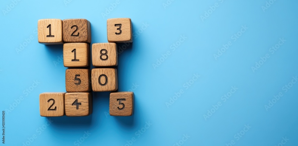 Wooden Number Blocks Arranged in a Cross Pattern on a Blue Background Wooden Number Blocks Arranged in a Cross Pattern on a Blue Background