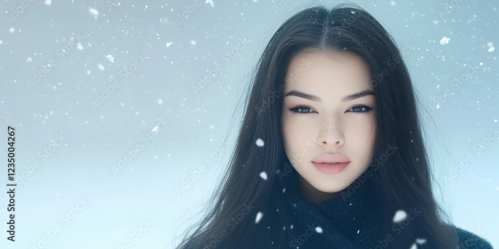 Beautiful woman enjoying winter snowfall with long black hair Beautiful woman enjoying winter snowfall with long black hair