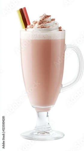 A glass mug of pumpkin spice latte topped with whipped cream and a cinnamon stick, isolated on a transparent background.