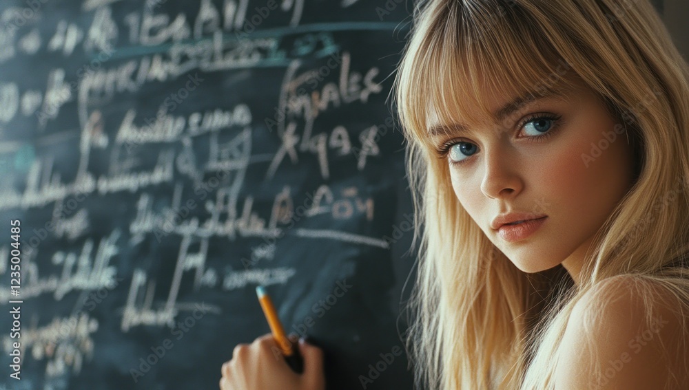 Fototapeta premium Blonde Girl Writing on Chalkboard