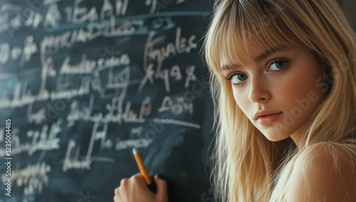 Blonde Girl Writing on Chalkboard