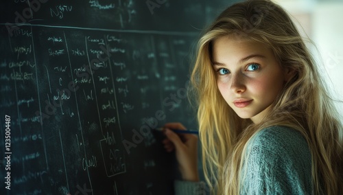 Teenage Girl Studying by Chalkboard