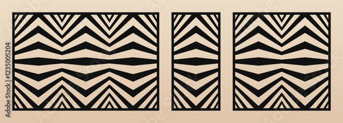 Laser cut patterns set. Vector abstract geometric ornament with lines, stripes, zigzag, chevron, optical illusion. Decorative stencil for laser cut of wood, metal, plastic. Aspect ratio 3:2, 1:2, 1:1