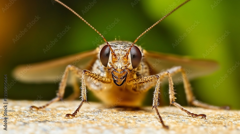 Detailed CloseUp of a Brown Cricket on Sand with Vibrant Green Background : Generative AI Detailed CloseUp of a Brown Cricket on Sand with Vibrant Green Background : Generative AI