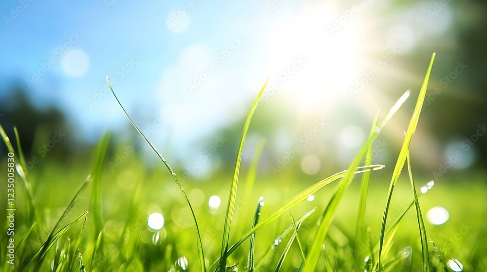 Fototapeta premium Bright Summer Sunlight Shining Over Green Grass in Sunny Meadow : Generative AI
