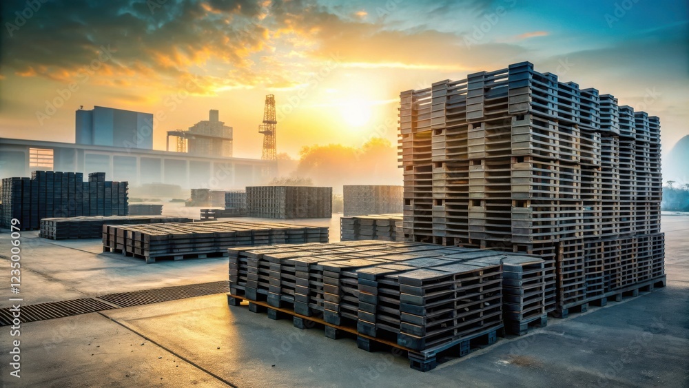 Pallets stacked high in a construction zone with a beautiful golden sunrise in the background. Pallets stacked high in a construction zone with a beautiful golden sunrise in the background.