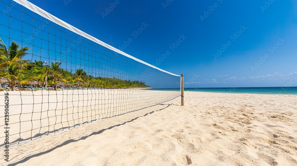 Sunny beach volleyball court with net and clear blue sky Sunny beach volleyball court with net and clear blue sky