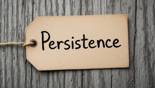 Enduring Message: Persistence Tag Affixed on Weathered Wood Background