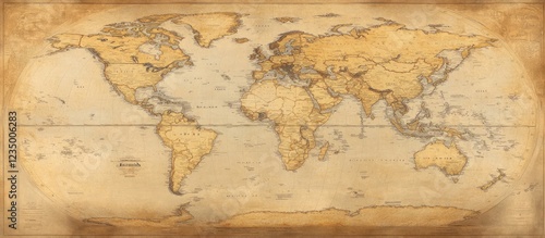 Fototapeta Naklejka Na Ścianę i Meble -  A vintage world map background with an aged texture and sepia tones, evoking the spirit of global exploration