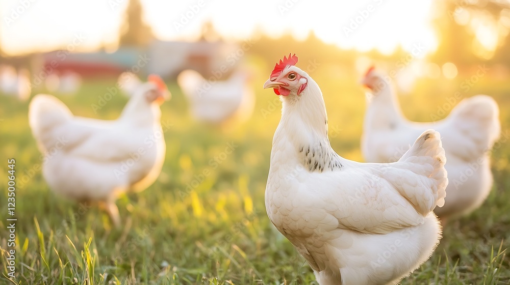 Fototapeta premium Free Range Chickens Grazing in Sunlit Countryside Farm with Green Grass : Generative AI