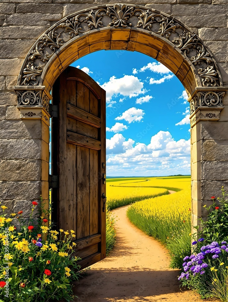 An ornate stone archway with an open wooden door leads to a golden field with a winding path under a bright blue sky dotted with fluffy white clouds.