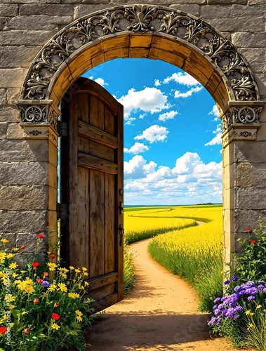 Obraz na płótnie An ornate stone archway with an open wooden door leads to a golden field with a winding path under a bright blue sky dotted with fluffy white clouds. w salonie