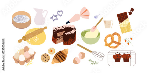 Pastry ingredients, baking tools, vector illustrations