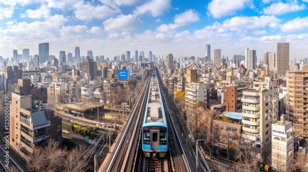 Fototapeta premium Elevated train approaching a sprawling city skyline under a partly cloudy sky.