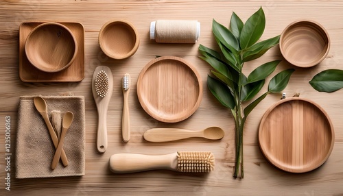 Wallpaper Mural Eco friendly bamboo products promoting sustainable living on wooden table Torontodigital.ca