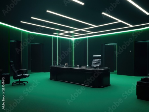 A modern office space with sleek lines, featuring a green theme with ambient lighting and a contemporary desk setup. photo