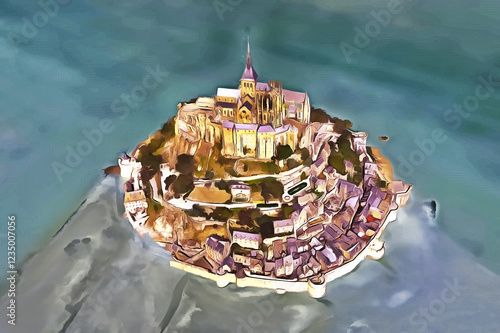 Mont Saint Michel, Normandy, France: aerial view of the tidal island with the village and the medieval monastery. Digital painting