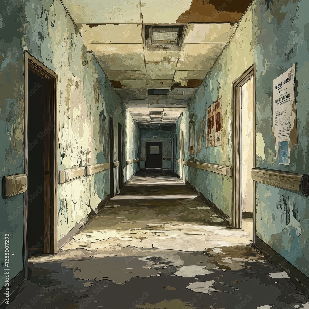Obraz premium Derelict Hospital Hallway Showing Decay and Neglect