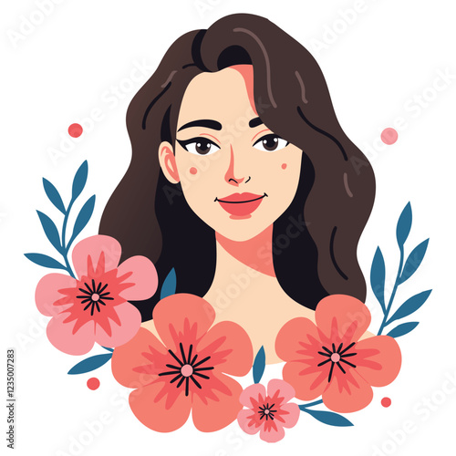 A cheerful, stylized portrait of a woman with long dark hair, a pleasant expression, and a light complexion