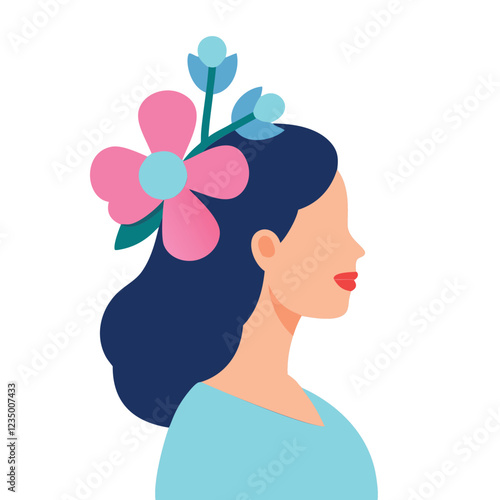 A vibrant illustration of a woman in profile view, featuring dark hair, a light teal-colored top, and a pink flower with light blue accents adorning her head