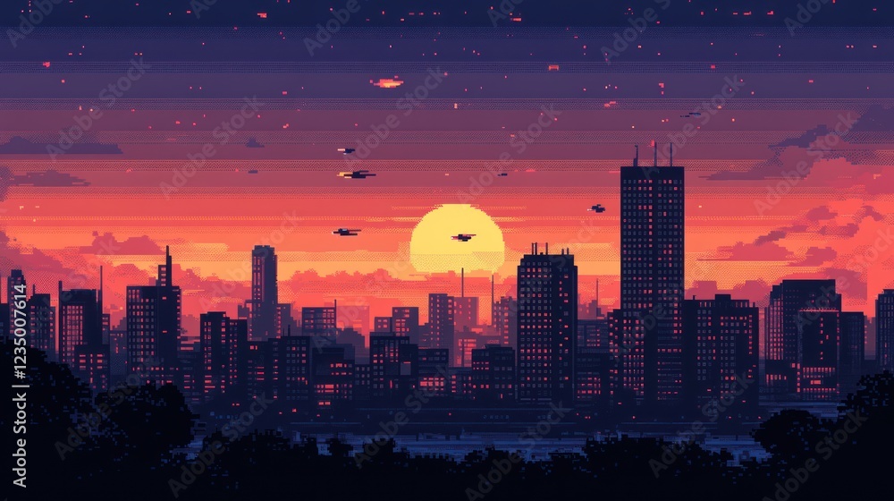 Naklejka premium Pixelated Cityscape Sunset Featuring Flying Vehicles
