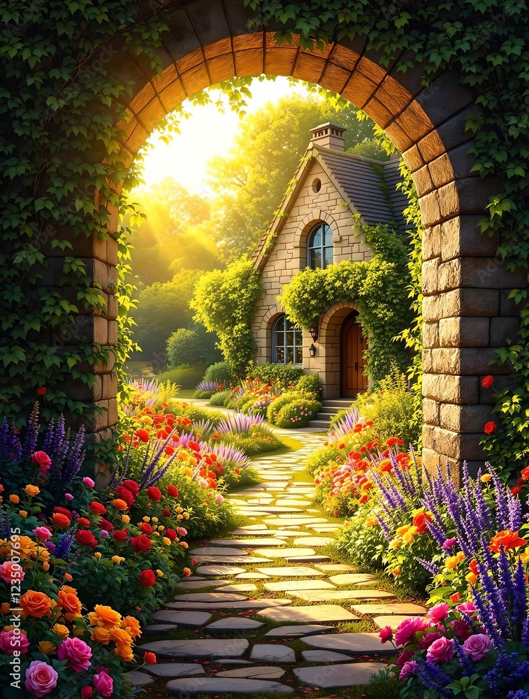 A sunlit ivy-covered stone archway frames a magical garden path leading to a cozy storybook cottage, surrounded by blooming flowers and golden rays of light.