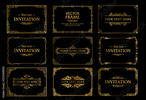 Design gold elements set, decorative flourish border corner and frame collection for invitation, menu and page decoration