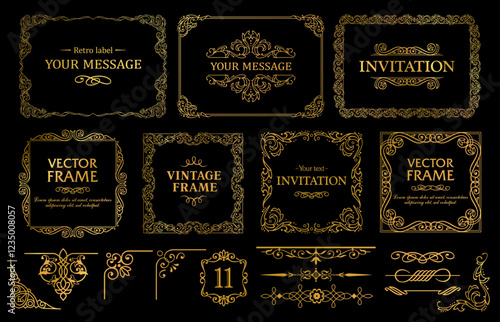 Design gold elements set, decorative flourish border corner and frame collection for invitation, menu and page decoration