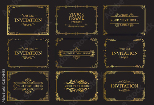 Design gold elements set, decorative flourish border corner and frame collection for invitation, menu and page decoration
