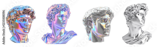 set of David sculpture bust. Head of statue Holographic colors, 3d.  Silver Chrome colors on a transparent  isolated  background, png 