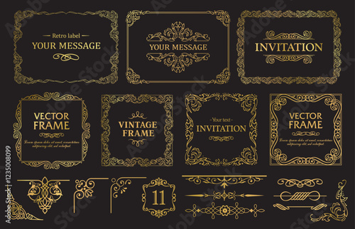 Design gold elements set, decorative flourish border corner and frame collection for invitation, menu and page decoration