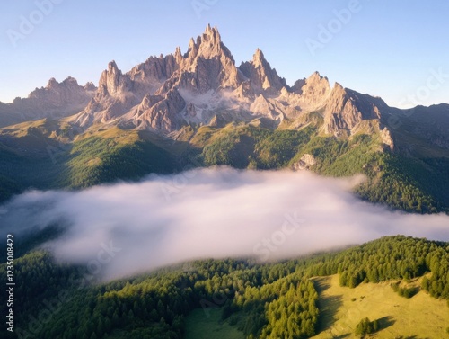 A majestic mountain range rises above a lush, green landscape, partially veiled by a layer of mist. The scene is bathed in soft morning light.