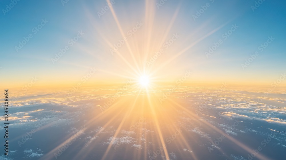 Fototapeta premium Bright sunlight over cloudy horizon creating golden sky at sunrise