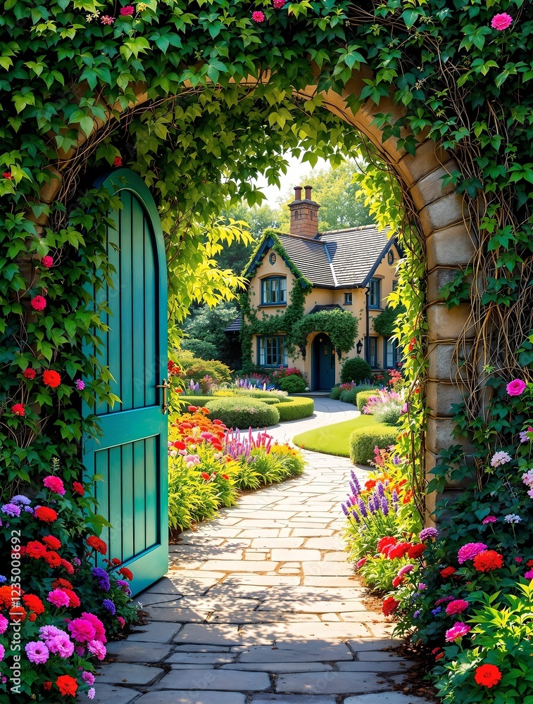 A beautifully adorned ivy and flower-covered archway with an open green door welcomes visitors into a magical garden leading to a cozy fairytale cottage bathed in warm sunlight