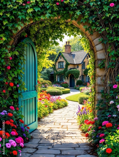 Obraz na płótnie A beautifully adorned ivy and flower-covered archway with an open green door welcomes visitors into a magical garden leading to a cozy fairytale cottage bathed in warm sunlight w salonie