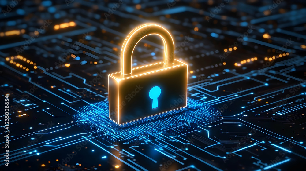 A glowing padlock hovering above a circuit board emitting neon blue light and surrounded by encrypted code A glowing padlock hovering above a circuit board emitting neon blue light and surrounded by encrypted code