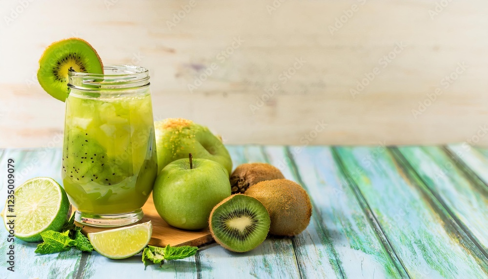 Refreshing green juice with kiwi, apple, lime and mint on rustic table Refreshing green juice with kiwi, apple, lime and mint on rustic table