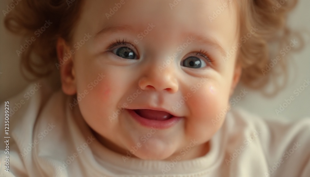Smiling baby with joyful expression on light background Smiling baby with joyful expression on light background
