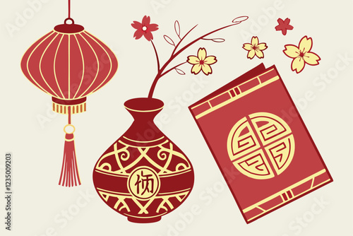 Chinese New Year decorations, red and gold ornaments, traditional vase, red envelope, hanging lantern, paper-cut designs, auspicious symbols, festive ornaments, intricate patterns, cultural motifs, ri