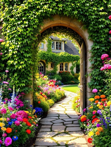Obraz na płótnie A beautifully adorned ivy and flower-covered archway with an open green door welcomes visitors into a magical garden leading to a cozy fairytale cottage bathed in warm sunlight w salonie