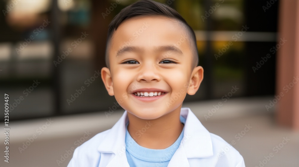 Naklejka premium A happy East Asian boy in a medical coat smiles outside a healthcare facility on Doctors Day