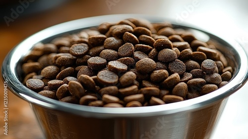 A Metal Bowl Filled With Brown Pet Food Kibble photo