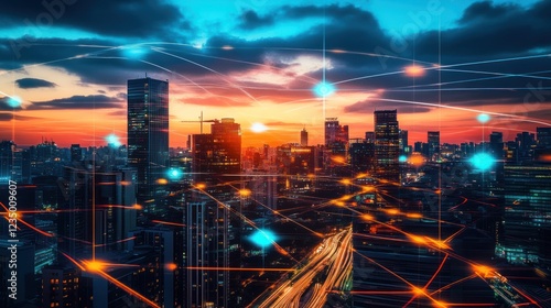 Wallpaper Mural Illuminated Cityscape Network Data Streams at Sunset Torontodigital.ca